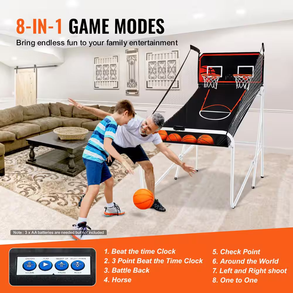 Foldable Basketball Arcade Game, 2-Player Indoor Sport, Dual Shot with 8-Modes, Electronic Scoreboard, Black and White